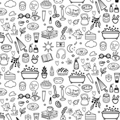 mental health Wellness self care icon cute doodle skincare relax spa seamless pattern