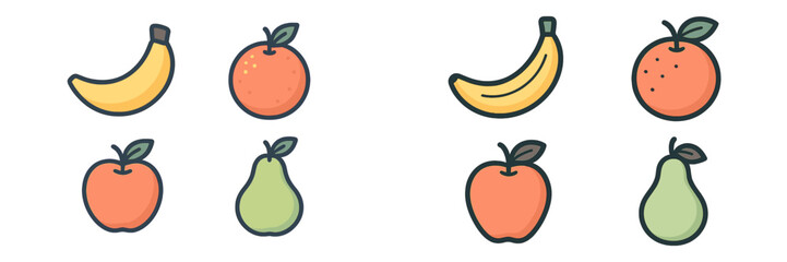 Colorful cartoon fruits arranged in patterns showcasing bananas, oranges, apples, and pears with green leaves