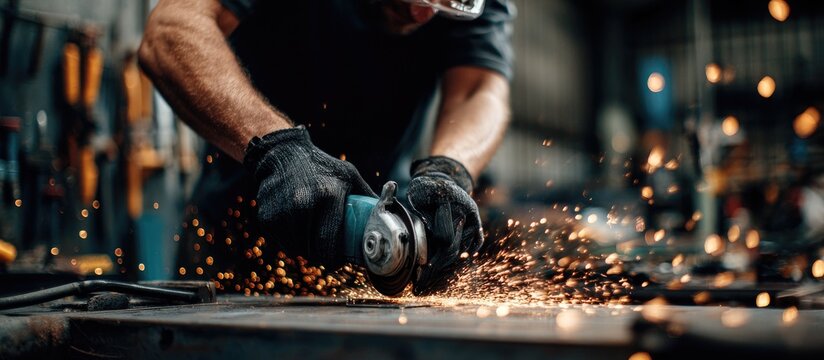 Industrial worker grinding metal with an angle grinder creating sparks.