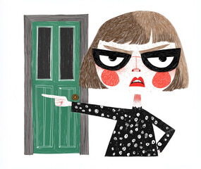 A furious woman points at the door, telling her husband to get out. A frustrated mother scolds her child, finger aimed sharply as if saying Go to your room. AI-generated illustration