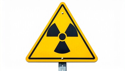 Fototapeta premium A yellow triangular warning sign with a black radiation symbol stands stark against a plain backdrop—evoking crafted caution, symbolic danger, and the rhythm of industrial vigilance.