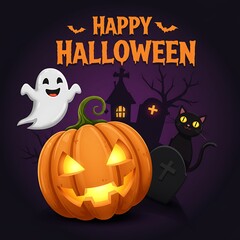 Happy Halloween illustration with a jack-o'-lantern, ghost, black cat, and spooky graveyard