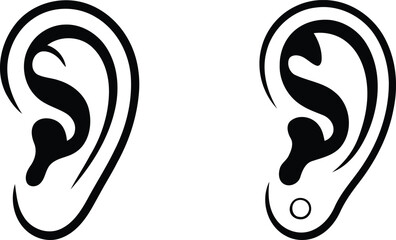 Two Stylized Black and White Ear Illustrations Depicting Human Anatomy and Piercing with One Ear Featuring a Circular Earring or Stretched Lobe