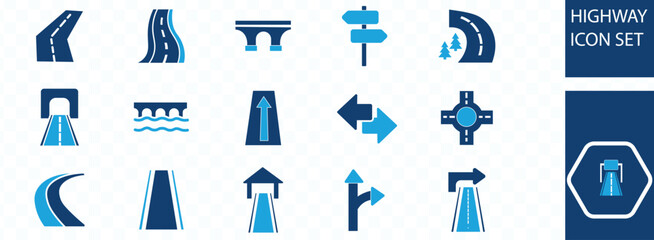 Road icon set. highway, traffic light, signpost, directions, parking, route, GPS, drive, crosswalk, intersection and roundabout symbol.