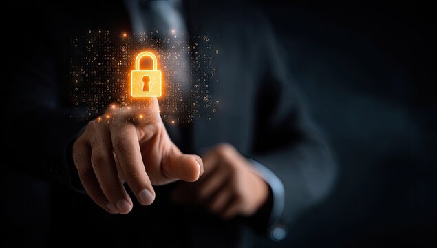 Persons hand touching a glowing padlock, cybersecurity concept.