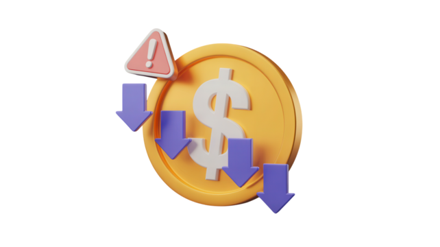 3d rendering of a golden dollar coin with a downward trend and warning sign isolated on transparent background