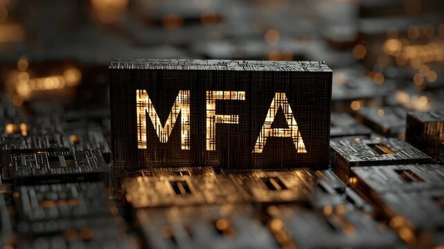 MFA concept. Multi factor authentication glowing letters on electronic board representing cybersecurity encryption secure login and data protection