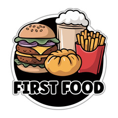 Fast Food Round Banner Logo Vector with Hamburger Sandwich and French Fries Frame For Restaurant Logo.