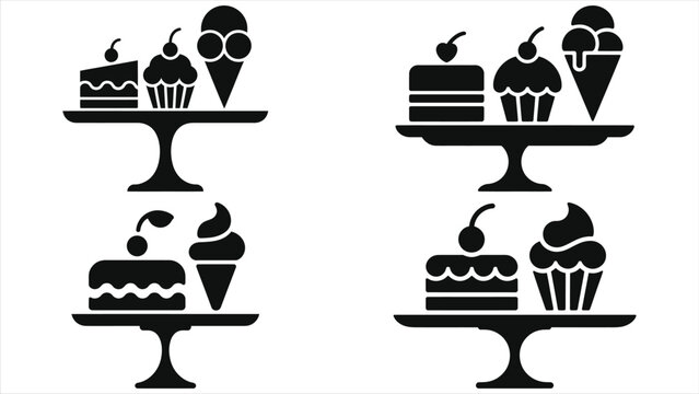 Dessert tray silhouette vector icon set featuring cake slice, cherry cupcake, ice cream cone, bakery sweets on pedestal stand, black isolated patisserie graphic for menu, cafe logo, packaging