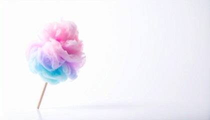 Soft fluffy cotton candy on a stick isolated on white background, highlighting spun sugar texture, perfect for carnival themes, playful designs, fairground sweets, and party visuals.