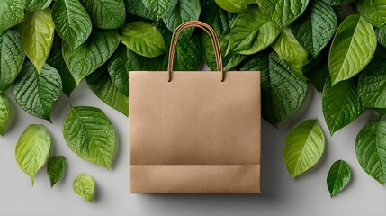 Beige paper shopping bag mockup with fresh green leaves around it, minimal eco-friendly packaging display --ar 16:9 --s 250
