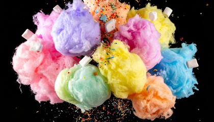 Soft fluffy cotton candy on a stick isolated on white background, highlighting spun sugar texture, perfect for carnival themes, playful designs, fairground sweets, and party visuals.