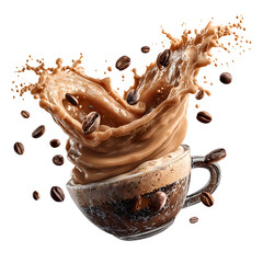 Coffee Cup with Cream Splashing and Coffee Beans