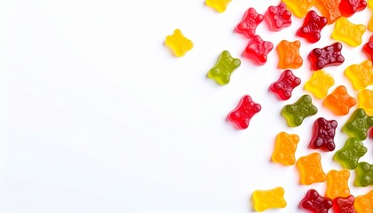 Assorted colorful gummy bears isolated on white background, highlighting chewy texture and fruity sweetness, perfect for candy packaging, playful snack designs, and fun visuals.