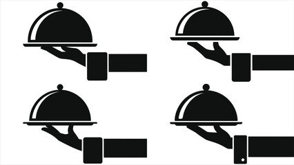 Food platter held by waiter hand silhouette with cloche cover, elegant restaurant service, fine dining presentation, waiter serving food, hospitality industry, professional food service concept