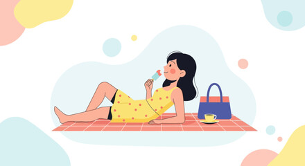 Fototapeta premium A Relaxing Summer Day Portrayed With A Woman Enjoying A Sweet Treat And Leisure