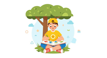 Fototapeta premium A Cheerful Child Drawing Under A Tree, Expressing Creative Ideas In A Colorful, Vibrant Way