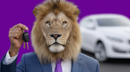 Lion in suit holding car keys with purple background