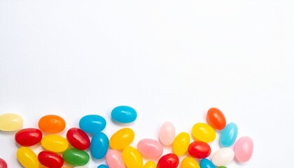 Obraz premium Vibrant and colorful jelly beans scattered on a white background, perfect for fun candy concepts, festive designs, party decorations, and playful confectionery photography.