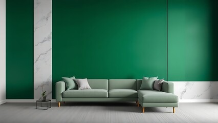 Minimalist interior with green wall, simple sofa, marble accents, and grey carpet.