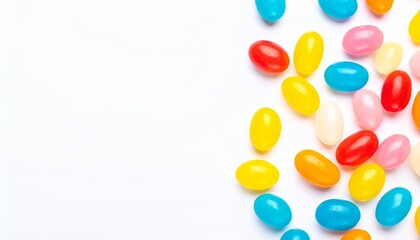 Obraz premium Vibrant and colorful jelly beans scattered on a white background, perfect for fun candy concepts, festive designs, party decorations, and playful confectionery photography.
