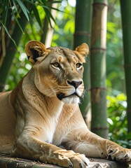 Lioness resting in a bamboo forest