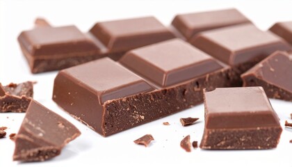Delicious chocolate bar broken into pieces isolated on a clean white background, showing rich cocoa texture, perfect for candy lovers, dessert themes, and sweet snack designs.