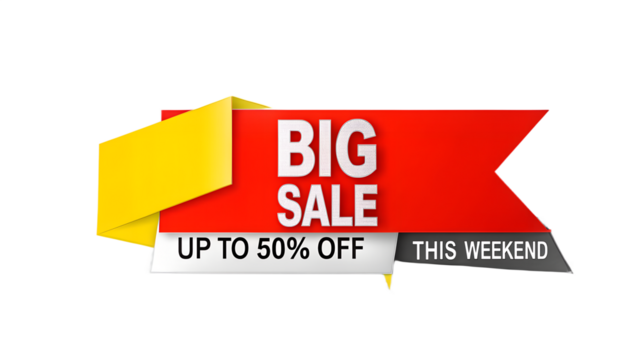 : Dynamic "BIG SALE" Banner with Red Arrow, "Up To 50% Off" and "This Weekend" Callouts for Urgent Shopping Promotions and Discount Campaigns