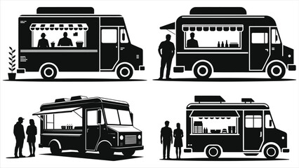 Food truck silhouette with customers standing and ordering, mobile street food service, outdoor food vendor, food truck business, fast food on wheels, urban street food culture, takeaway food concept