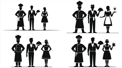 Restaurant staff team silhouette including chef, waiter, and waitress in uniform, professional hospitality team, restaurant service staff, food service industry, dining experience, restaurant teamwork