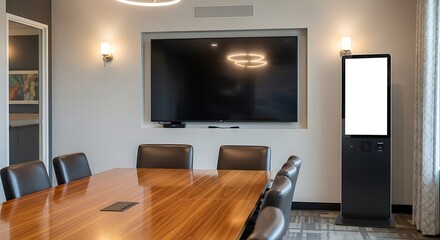 Empty conference room featuring a large wooden table and a blank digital kiosk, ready for a business meeting in a modern and professional setting.