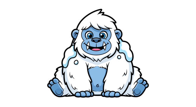 A charming illustration of a cute and friendly yeti. This cartoon abominable snowman character is sitting, perfect as a mascot or design element
