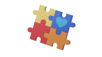 Obraz premium Four colorful puzzle pieces forming a heart shape isolated on transparent background representing unity connection and love