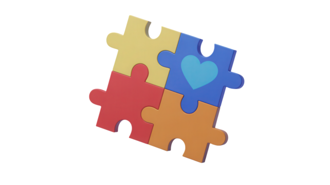 Four colorful puzzle pieces forming a heart shape isolated on transparent background representing unity connection and love