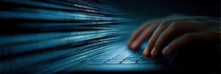 Hand typing on a keyboard with digital data streams.