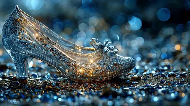 Sparkling glass slipper with magical bokeh background. Fantasy and dreams.