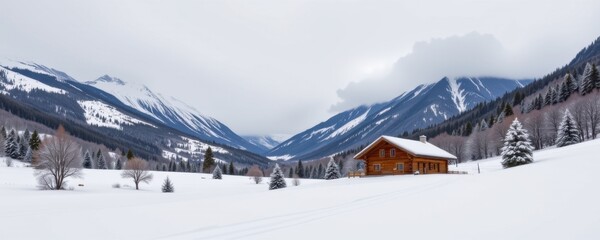 Stunning winter landscape featu snow-covered mountains valleys and a cozy wooden cabin led among frost coated trees under a cloudy sky