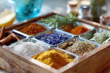 Fototapeta premium A Colorful Array of Spices and Herbs Displayed in a Rustic Wooden Tray, Perfect for Culinary Inspiration and Cooking Enthusiasts in the Kitchen Environment