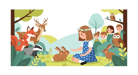Fototapeta premium A Forest Encounter: Girl, Animals, And Friends, Illustration With Pastel Colors