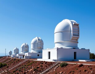 Fototapeta premium Panoramic view of multiple modern astronomical observatories with large telescopes and domed structures situated on a dry terrain under clear blue sky du daytime