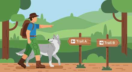 Fototapeta premium A Hiker Choosing Pathway Direction with A Companion Dog on a Green Mountain Trail