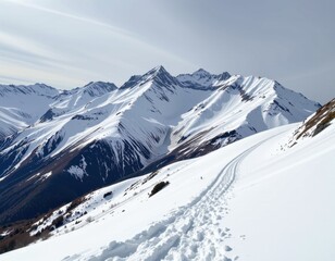 Obraz premium Expansive snowy mountain landscape with rugged peaks and fresh ski tracks on pristine snow under a cloudy sky du daytime