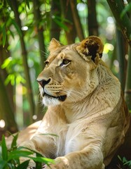 Lioness resting in bamboo grove