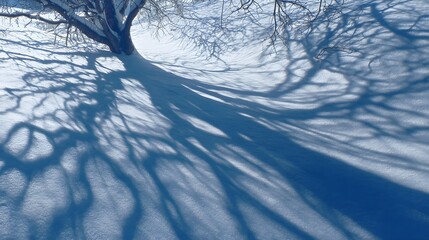 Bare tree branches cast long shadows across a snow-covered ground winter