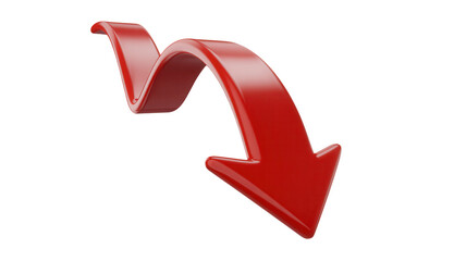 A glossy red three dimensional arrow curved downwards indicating a negative trend or direction isolated on transparent background