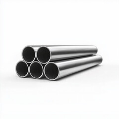  the picture shows three steel pipes of different sizes, arranged in the same direction on a white background. the pipes have smooth surfaces and appear to be made from shiny metal with no visible sca
