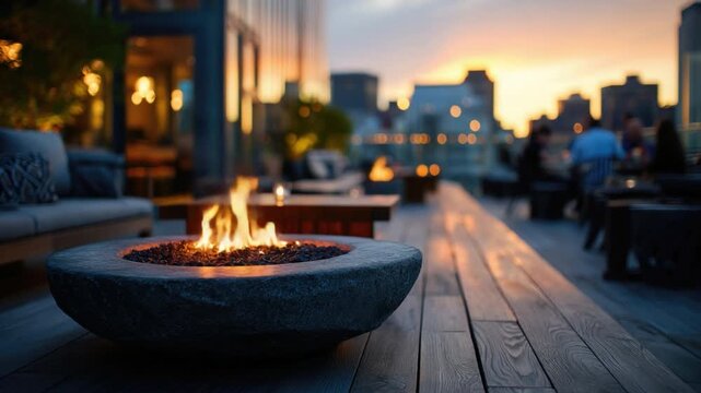 Cozy Evening Scene with Modern Fire Pit and Outdoor Seating Overlooking City Skyline at Sunset, Warm Ambiance and Relaxing Atmosphere