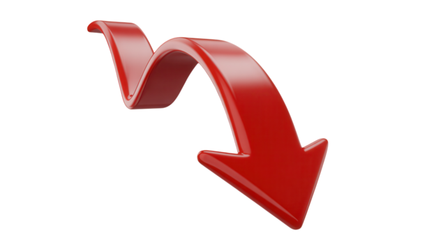 A glossy red three dimensional arrow curved downwards indicating a negative trend or direction isolated on transparent background