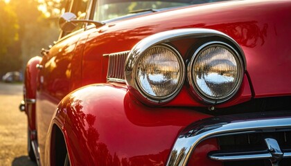 A classic red car&rsquo;s front&mdash;chrome grille, round headlight, and autumn foliage behind&mdash;evokes nostalgic motion, crafted identity, and the rhythm of vintage elegance in nature&rsquo;s warm embrace.