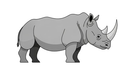Obraz premium Cartoon Rhino Illustration Gray Scale Bold Outlines White Background.
